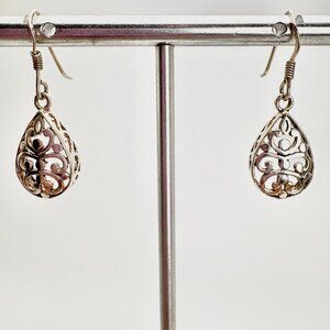 VTG Sterling Silver 925 Scroll Design Teardrop Dangle Earrings Size 1.25" Length